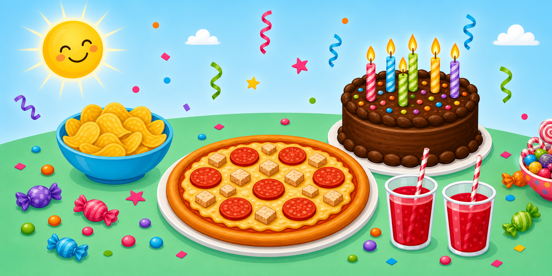 Illustration formule Looping Midi avec pizza, gâteau, grenadine et chips
